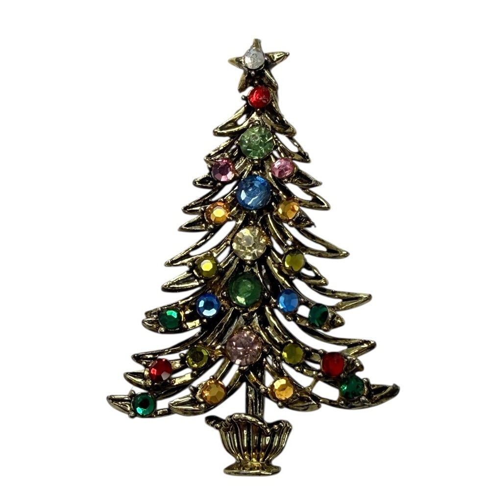 Hollycraft vintage brooch rhinestone antiqued gold-tone Christmas tree pin.